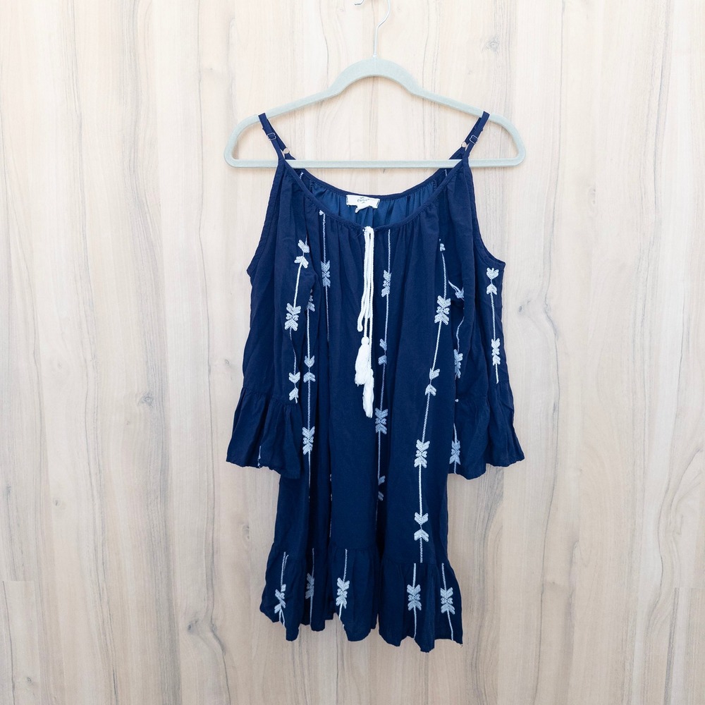 Exist Womens Embroidered Tunic Top Large Navy Cold Shoulder Boho Southwestern